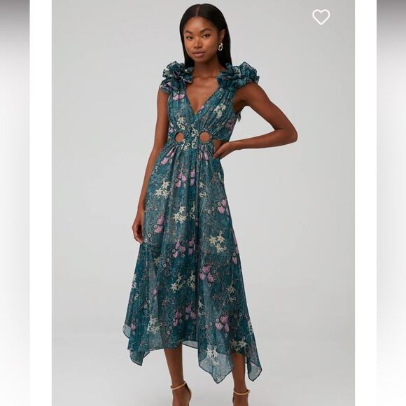 elliatt kristen green floral ruffle detail maxi cut out summer wedding dress new